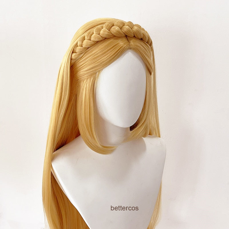 Peruca Princesa Zelda Cosplay Longo Cabelo Dourado + Orelhas de Elfa